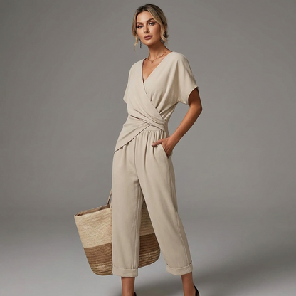 Women’s Jumpsuit with Draped V-Neckline – Relaxed Summer Design for Vacations, Everyday Wear, and Smart-Casual Style