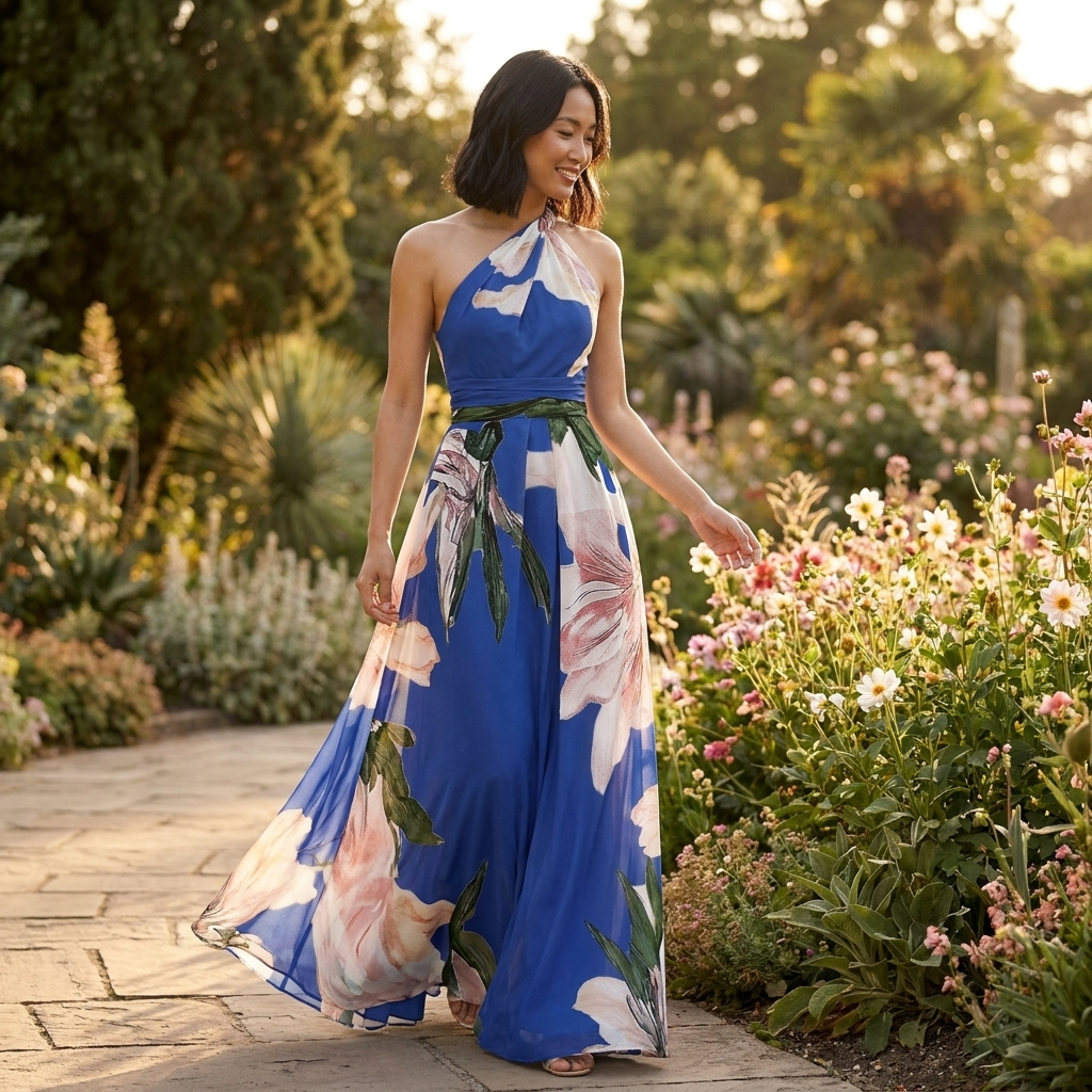 Dame Maxi Kjole Med Print Halterneck Og Asymmetrisk Design