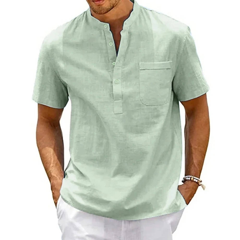 Herre Henley-skjorte Med Kortærmer, Kinakrave Og Brystlomme – Afslappet Skjorte Til Sommer, Hverdagsbrug, Ferie Og Smart Casual Stil