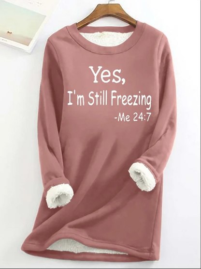 Dame Fleeceforet Sweatshirt Med Sloganprint Og Rund Hals – Lang Og Varm Pullover Til Kolde Dage, Hverdagsbrug Og Fritid