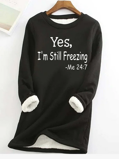 Dame Fleeceforet Sweatshirt Med Sloganprint Og Rund Hals – Lang Og Varm Pullover Til Kolde Dage, Hverdagsbrug Og Fritid