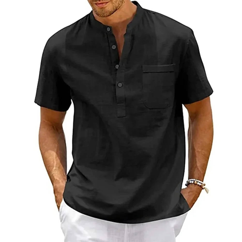 Herre Henley-skjorte Med Kortærmer, Kinakrave Og Brystlomme – Afslappet Skjorte Til Sommer, Hverdagsbrug, Ferie Og Smart Casual Stil