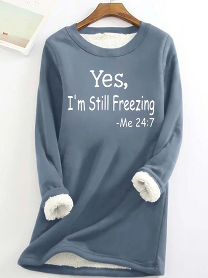 Dame Fleeceforet Sweatshirt Med Sloganprint Og Rund Hals – Lang Og Varm Pullover Til Kolde Dage, Hverdagsbrug Og Fritid