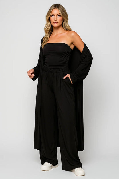 Dame Tredelt Buksesæt Med Stropløs Top Og Cardigan