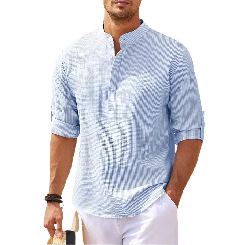 Camisa Henley de hombre con cuello mao: camisa informal de verano para vacaciones, tiempo libre, uso diario y estilo smart casual