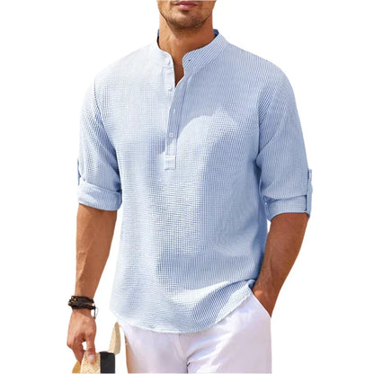 Camisa Henley de hombre con cuello mao: camisa informal de verano para vacaciones, tiempo libre, uso diario y estilo smart casual