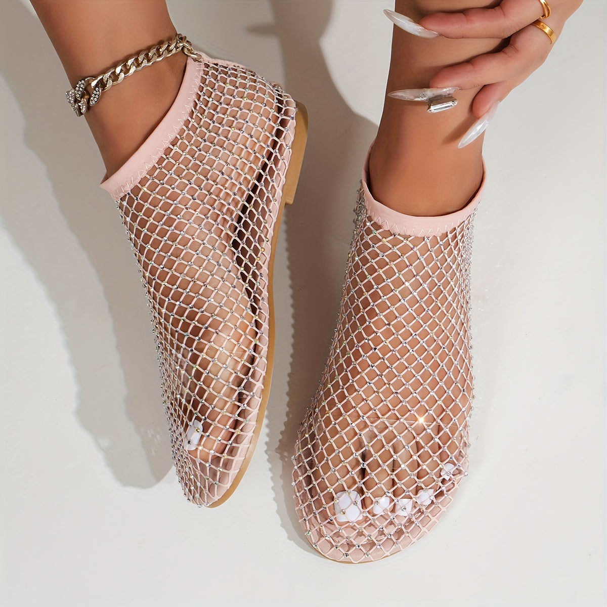 Women's Flat Mesh Sandals with Rhinestones - Sheer, Sparkling Slip-On Summer Shoes for Beach Vacations and Elegant Summer Looks