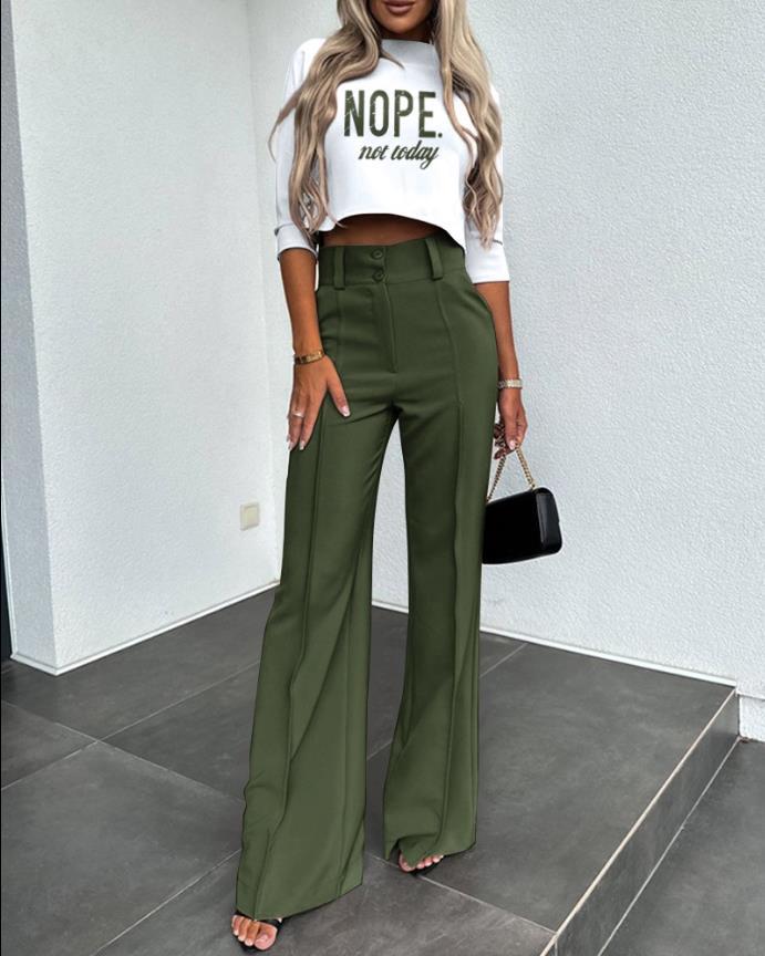 Women's Cropped 2-Piece Pants Set with 3/4-Sleeve Top and High-Waisted Wide-Leg Pants - Tailored Set for Everyday Wear and Smart Casual Style
