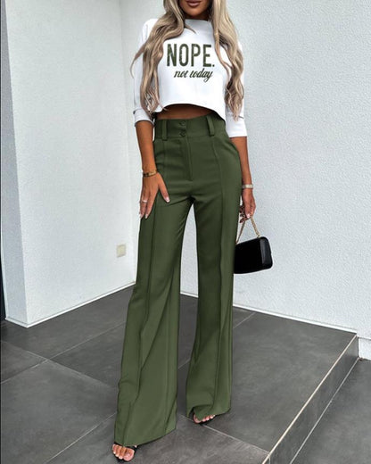 Women's Cropped 2-Piece Pants Set with 3/4-Sleeve Top and High-Waisted Wide-Leg Pants - Tailored Set for Everyday Wear and Smart Casual Style