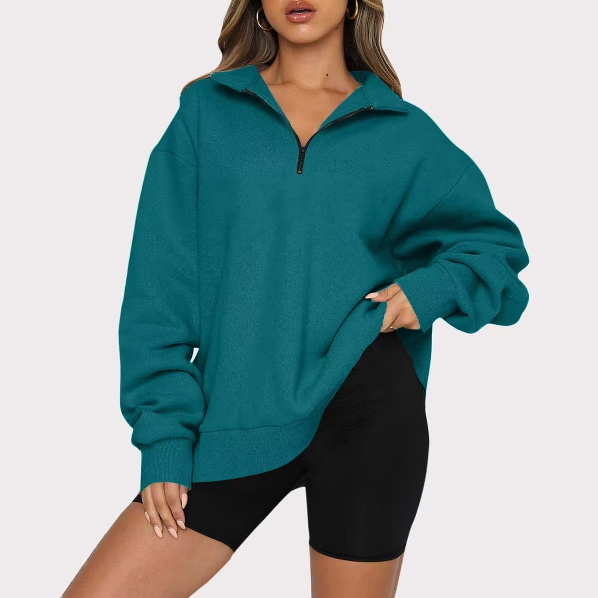 Dame Oversized Half-zip Sweatshirt Med Krave Og Lange Ærmer – Afslappet Pullover Til Hverdagsbrug, Fritid Og Lag-på-lag Styling