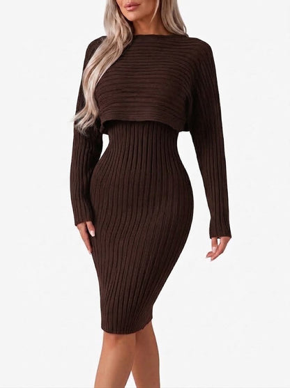 Conjunto de falda midi de 2 piezas de punto acanalado para mujer con top corto de manga larga y falda entallada - elegante conjunto para el trabajo, la ciudad y un estilo smart casual