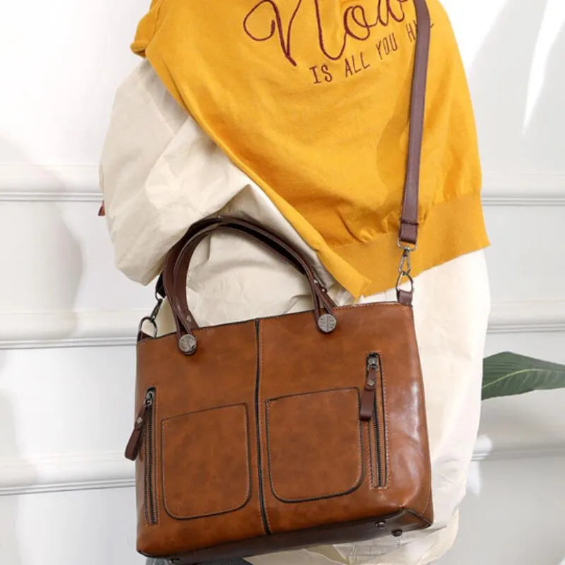 Dame Vintage Lædertaske Med Flere Lommer – Rummelig Tote-taske Til Arbejde, Hverdagsbrug, Shopping Og Rejser