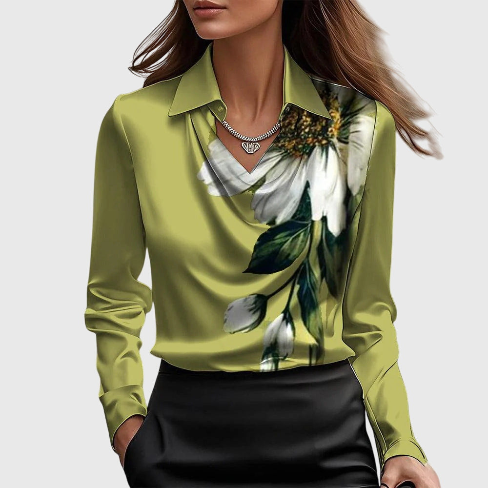 Women's Satin Blouse with a Cowl Neckline and Long Sleeves – Elegant Shirt Blouse for the Office, Evening Wear and Smart-Casual Style