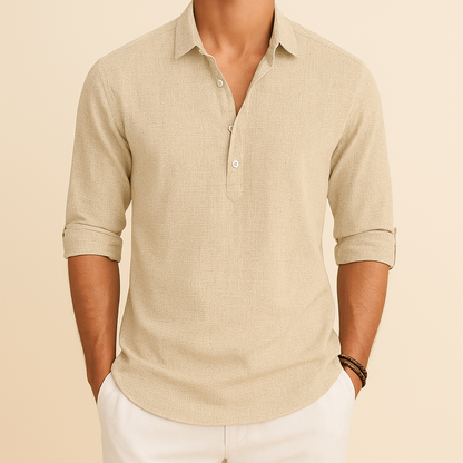 Herre Tekstureret Langærmet Poloshirt – Afslappet Smart Casual Top til Forår og Rejser