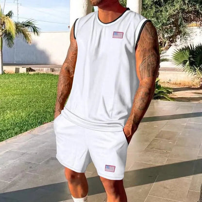 Conjunto deportivo de 2 piezas para hombre con camiseta de tirantes sin mangas y pantalones cortos con ribetes en contraste - Ropa de entrenamiento relajada para fitness, deporte, correr y tiempo libre