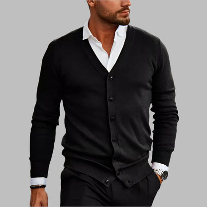 Cardigan pentru bărbați, cu mâneci lungi, decolteu în V și închidere cu nasturi – Pulover tricotat moale pentru birou, timp liber, purtare zilnică și stil smart casual