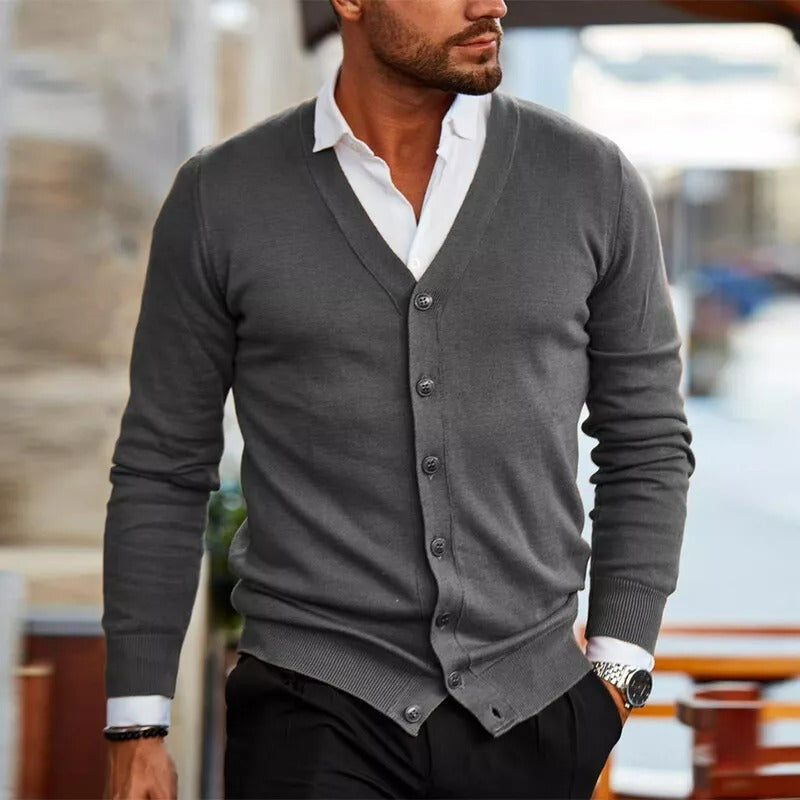Cardigan pentru bărbați, cu mâneci lungi, decolteu în V și închidere cu nasturi – Pulover tricotat moale pentru birou, timp liber, purtare zilnică și stil smart casual