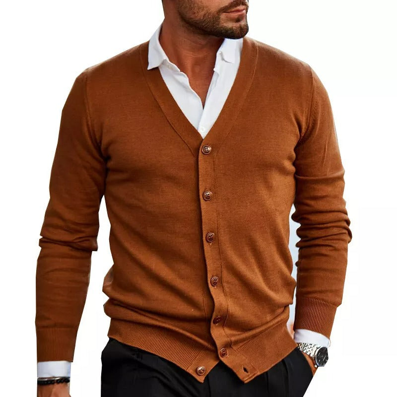 Cardigan pentru bărbați, cu mâneci lungi, decolteu în V și închidere cu nasturi – Pulover tricotat moale pentru birou, timp liber, purtare zilnică și stil smart casual