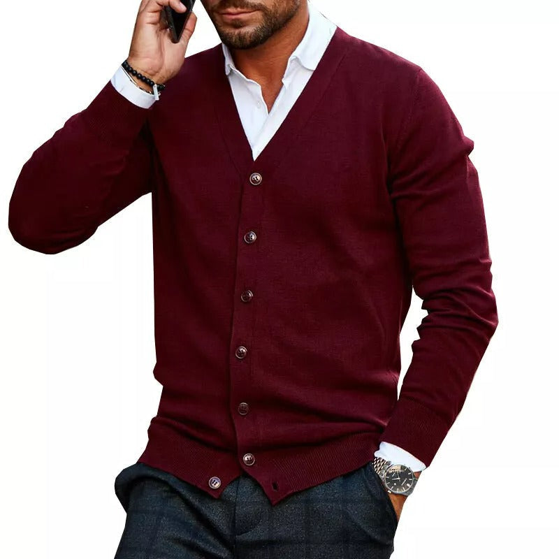 Cardigan pentru bărbați, cu mâneci lungi, decolteu în V și închidere cu nasturi – Pulover tricotat moale pentru birou, timp liber, purtare zilnică și stil smart casual