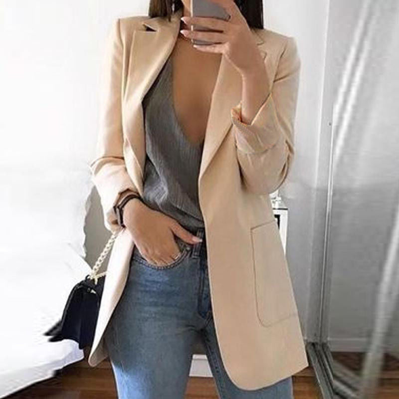 Dame Lang Blazer I Bomuldsblanding Uden Lukning – Elegant Jakke Med Skræddersyet Snit Til Kontoret Og Smart Casual-stil