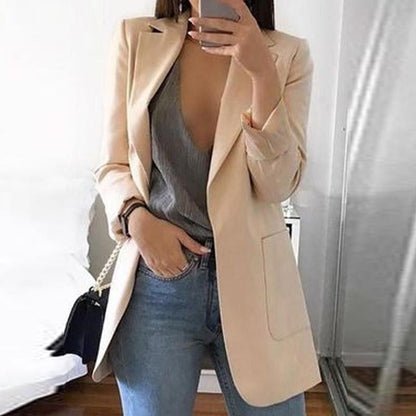Dame Lang Blazer I Bomuldsblanding Uden Lukning – Elegant Jakke Med Skræddersyet Snit Til Kontoret Og Smart Casual-stil