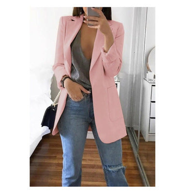Dame Lang Blazer I Bomuldsblanding Uden Lukning – Elegant Jakke Med Skræddersyet Snit Til Kontoret Og Smart Casual-stil