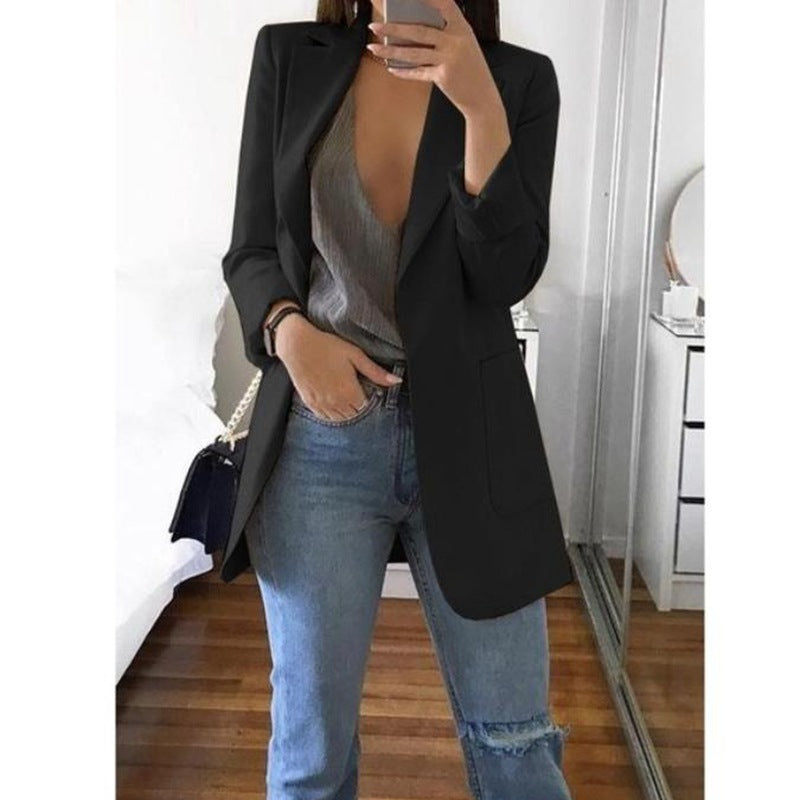 Dame Lang Blazer I Bomuldsblanding Uden Lukning – Elegant Jakke Med Skræddersyet Snit Til Kontoret Og Smart Casual-stil