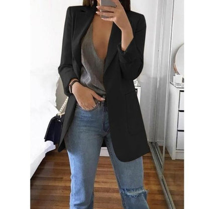 Dame Lang Blazer I Bomuldsblanding Uden Lukning – Elegant Jakke Med Skræddersyet Snit Til Kontoret Og Smart Casual-stil