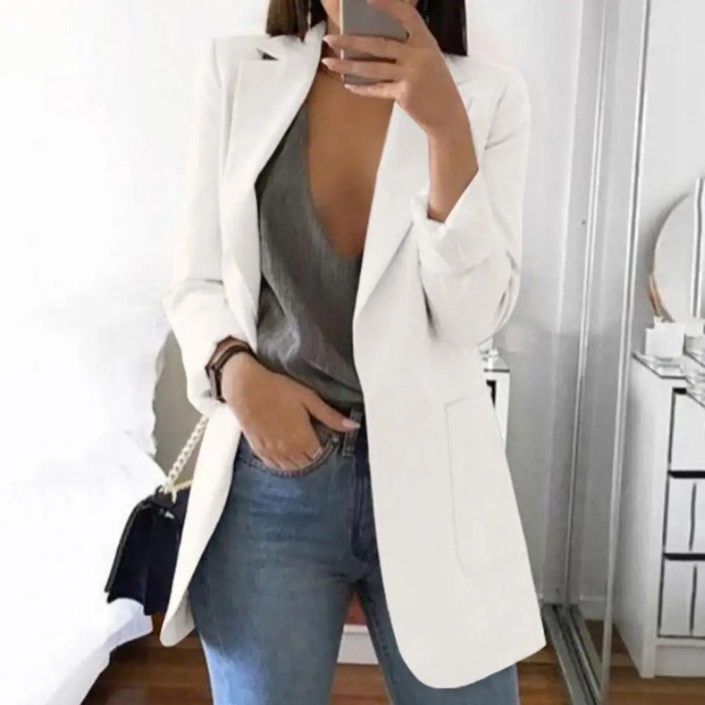 Dame Lang Blazer I Bomuldsblanding Uden Lukning – Elegant Jakke Med Skræddersyet Snit Til Kontoret Og Smart Casual-stil