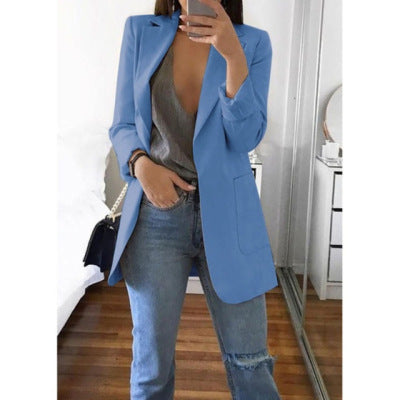 Dame Lang Blazer I Bomuldsblanding Uden Lukning – Elegant Jakke Med Skræddersyet Snit Til Kontoret Og Smart Casual-stil