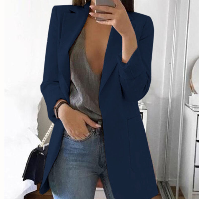 Dame Lang Blazer I Bomuldsblanding Uden Lukning – Elegant Jakke Med Skræddersyet Snit Til Kontoret Og Smart Casual-stil