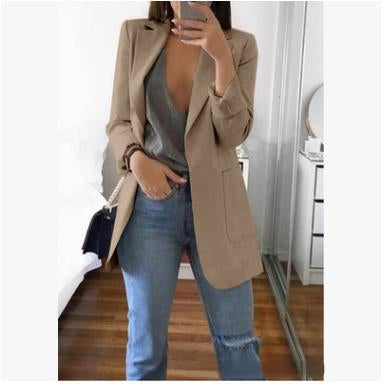 Dame Lang Blazer I Bomuldsblanding Uden Lukning – Elegant Jakke Med Skræddersyet Snit Til Kontoret Og Smart Casual-stil