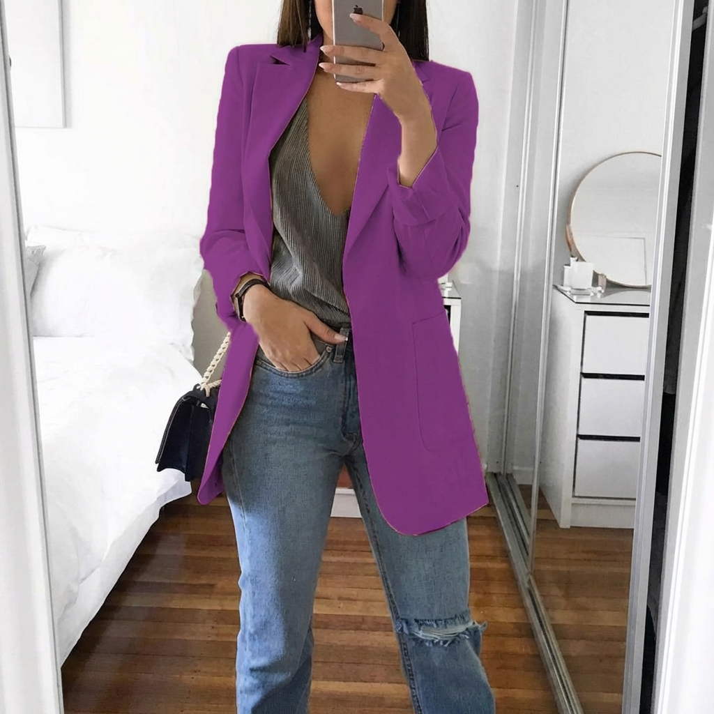 Dame Lang Blazer I Bomuldsblanding Uden Lukning – Elegant Jakke Med Skræddersyet Snit Til Kontoret Og Smart Casual-stil