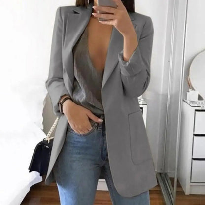 Dame Lang Blazer I Bomuldsblanding Uden Lukning – Elegant Jakke Med Skræddersyet Snit Til Kontoret Og Smart Casual-stil