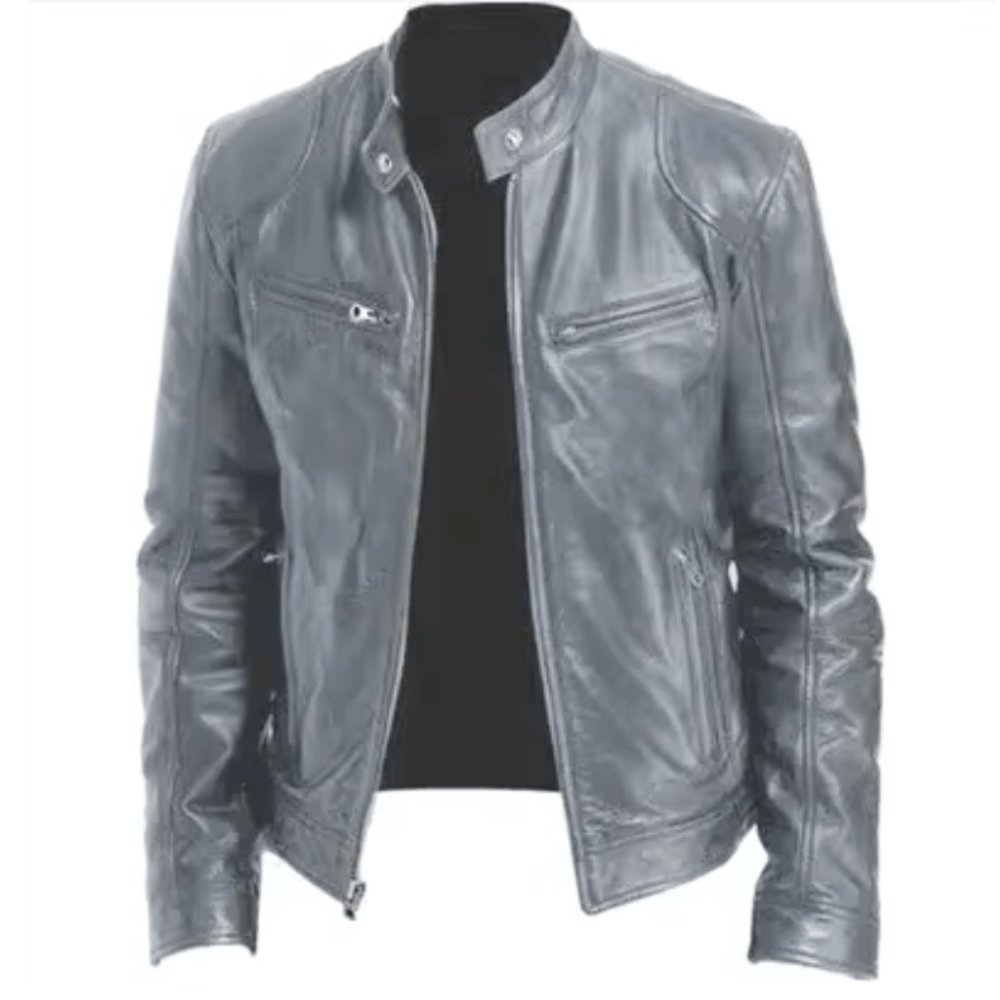 Męska skórzana kurtka ze stójką - stylowa kurtka wyścigowa na co dzień, czas wolny i w stylu smart casual