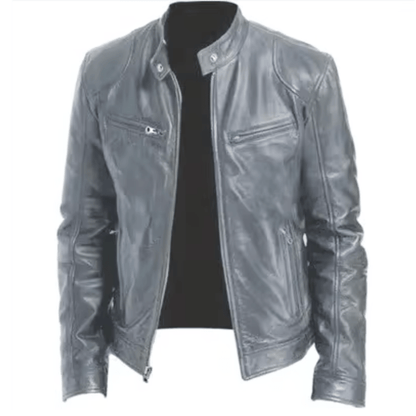 Męska skórzana kurtka ze stójką - stylowa kurtka wyścigowa na co dzień, czas wolny i w stylu smart casual