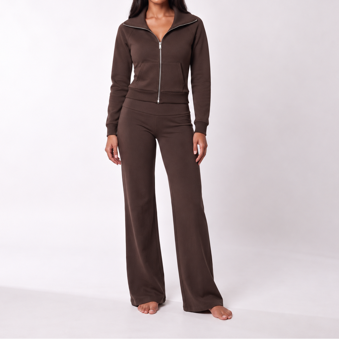 Conjunto polar de dos piezas para mujer con chaqueta y pantalón de pernera ancha - Conjunto holgado con cuello y cremallera para otoño, invierno y un día a día cómodo