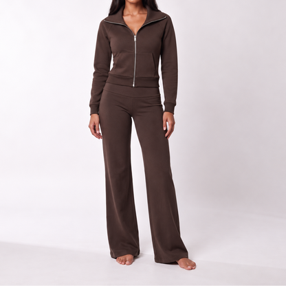 Conjunto polar de dos piezas para mujer con chaqueta y pantalón de pernera ancha - Conjunto holgado con cuello y cremallera para otoño, invierno y un día a día cómodo