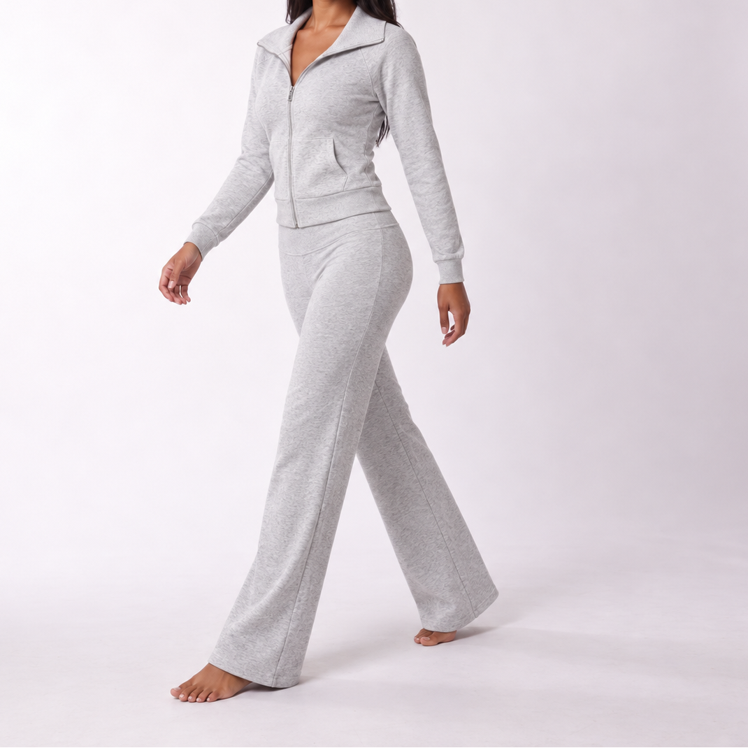 Conjunto polar de dos piezas para mujer con chaqueta y pantalón de pernera ancha - Conjunto holgado con cuello y cremallera para otoño, invierno y un día a día cómodo