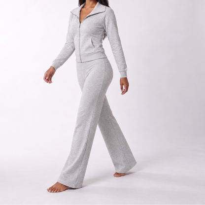 Conjunto polar de dos piezas para mujer con chaqueta y pantalón de pernera ancha - Conjunto holgado con cuello y cremallera para otoño, invierno y un día a día cómodo