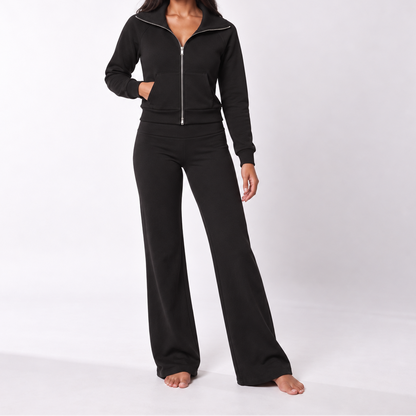 Conjunto polar de dos piezas para mujer con chaqueta y pantalón de pernera ancha - Conjunto holgado con cuello y cremallera para otoño, invierno y un día a día cómodo