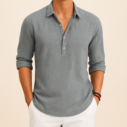 Herre Tekstureret Langærmet Poloshirt – Afslappet Smart Casual Top til Forår og Rejser