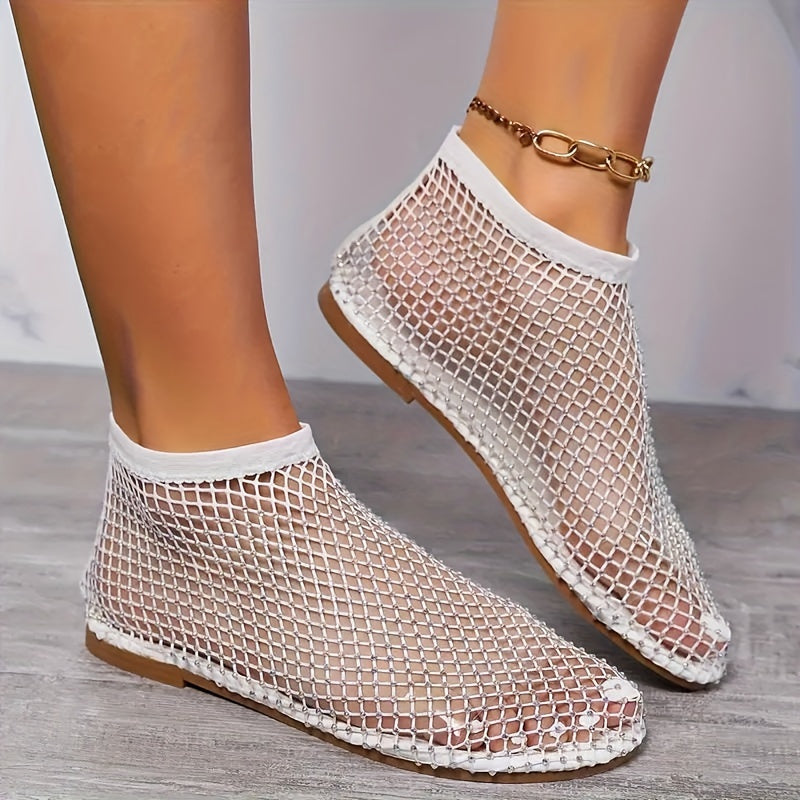Women's Flat Mesh Sandals with Rhinestones - Sheer, Sparkling Slip-On Summer Shoes for Beach Vacations and Elegant Summer Looks