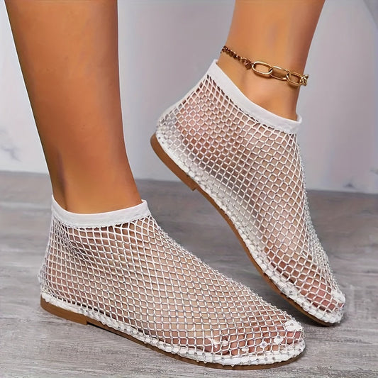 Damă sandale plate din mesh cu strasuri – pantofi transparenți și strălucitori de vară, ușor de încălțat, pentru vacanțe la plajă și ținute elegante de vară
