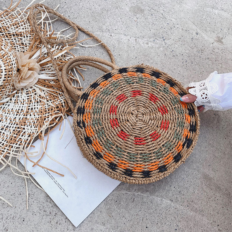 Dame Rund Flettet Stråhåndtaske Med Mønstret Design Og Rebhåndtag – Let Sommertaske Til Ferie, Strand, Shopping Og Fritid
