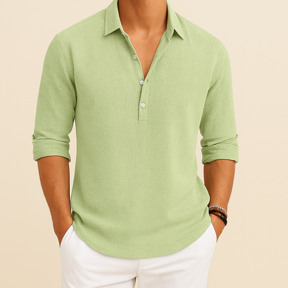 Herre Tekstureret Langærmet Poloshirt – Afslappet Smart Casual Top til Forår og Rejser