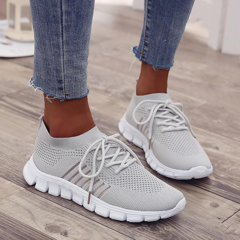 Women's Lightweight Knit Sneakers with Laces and Breathable Design – Flexible Training Shoes with Segmented Soles for Everyday Wear, Fitness and Leisure