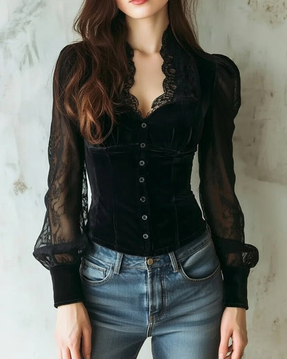 Women's Figure-Hugging Blouse with Lace Sleeves and Button Closure – Feminine and Elegant Top for Work, Evening Events, and Stylish Everyday Wear