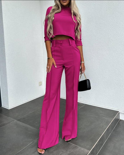 Women's Cropped 2-Piece Pants Set with 3/4-Sleeve Top and High-Waisted Wide-Leg Pants - Tailored Set for Everyday Wear and Smart Casual Style