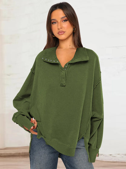 Dámská oversized mikina ve stylu Henley s viditelnými švy a balónovými rukávy – ležérní pulovr pro každodenní nošení, volný čas a ležérní styl